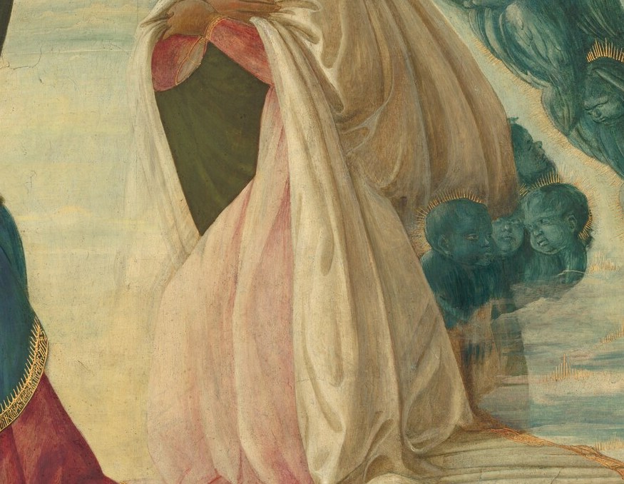 Mary, receiving her crown, bows her head in humility.