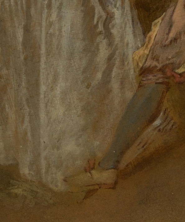 Look closely at the woman's skirt, caught in motion.