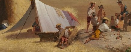 A white tent provides temporary shelter for the workers.