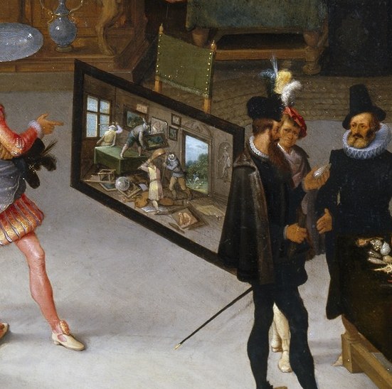 On the other side, an artist holds a canvas, depicting creation itself.