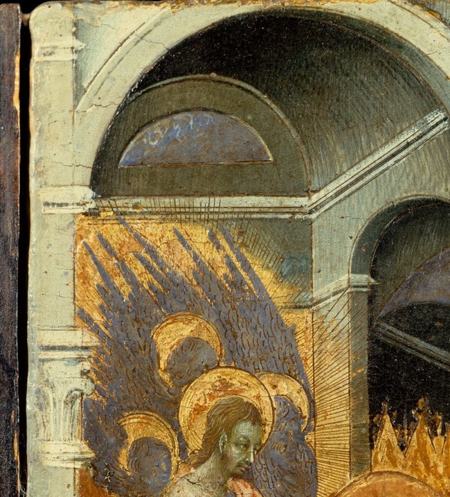 Heavenly witnesses watch from the upper arch.