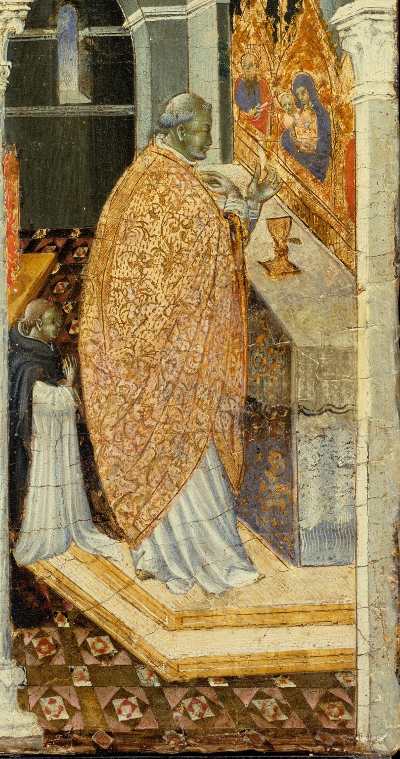 Blazing gold vestments and radiating halo transform this figure into a pure light-event , the contrast with Catherine's dark habit is visually stunning and theologically deliberate.