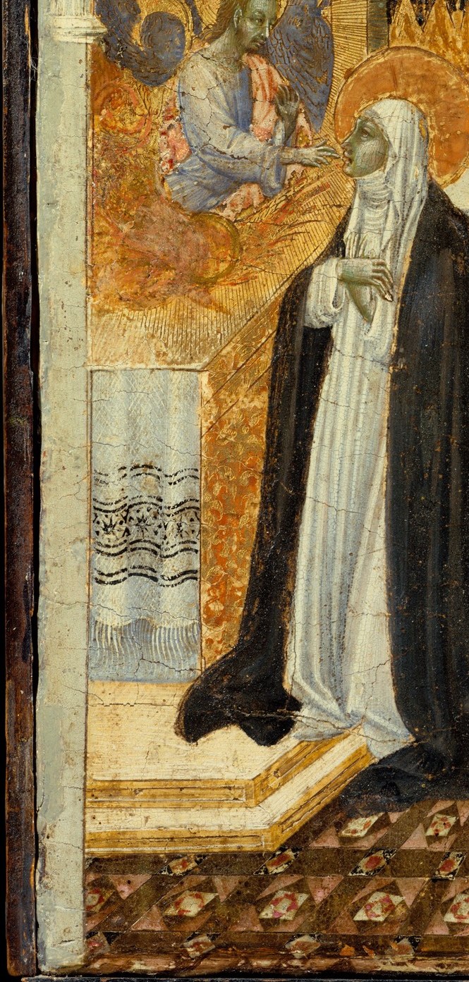 The saint's black-and-white Dominican robe and dramatic downward gaze convey total submission and mystical rapture , the emotional anchor of the scene.