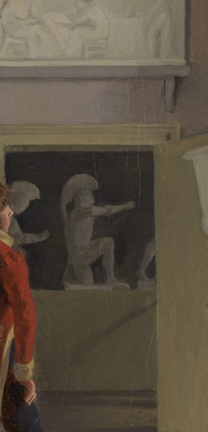 The saturated red is the dominant warm note in an otherwise muted, shadowed interior , a deliberate compositional anchor that makes the human figure pop against stone and darkness.