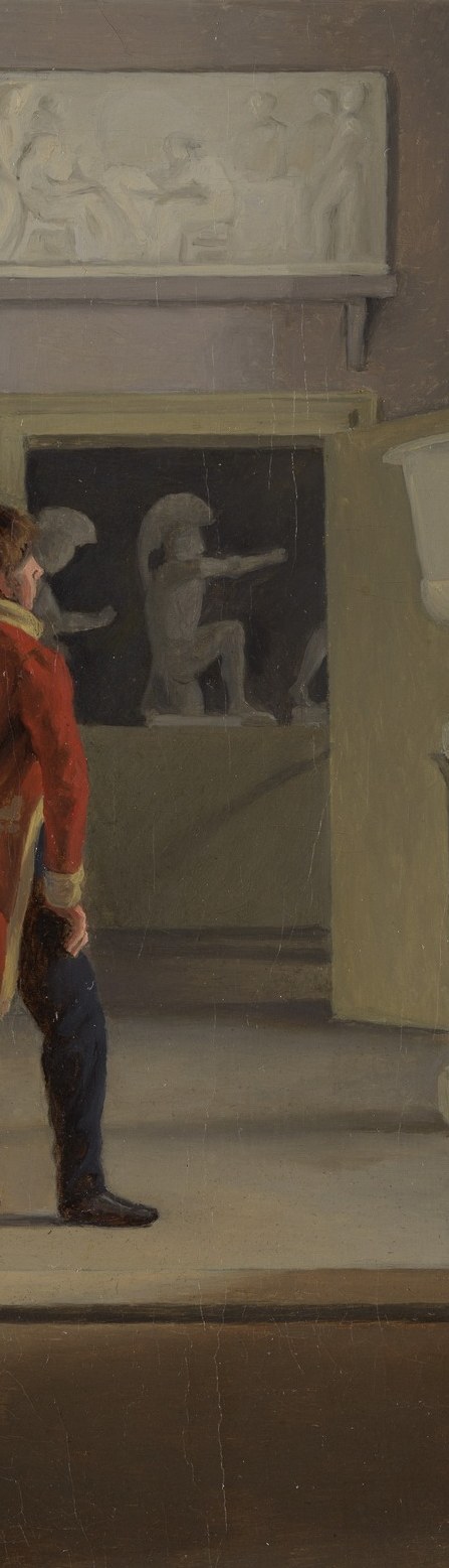 A guard stands alone in a hall of relics.