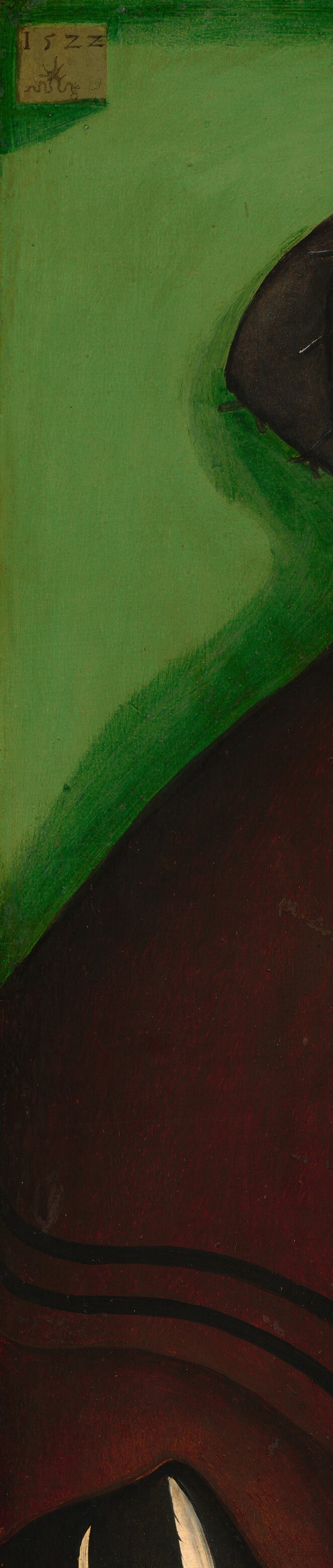 Cranach's characteristic plain green ground , neutral, abstract, timeless , appears here in its left margin expanse; the evenness of pigment shows confident panel preparation; no landscape, no architecture, nothing to distract from the face.