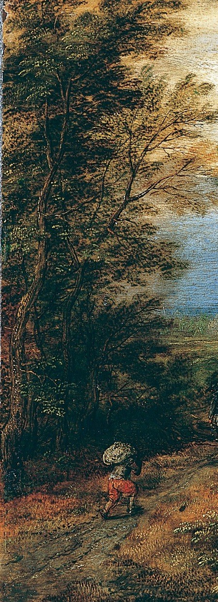 Its sheer scale dwarfs the humans and reinforces the theme of nature's dominance; Brueghel's copper medium lets individual bark furrows survive scrutiny.