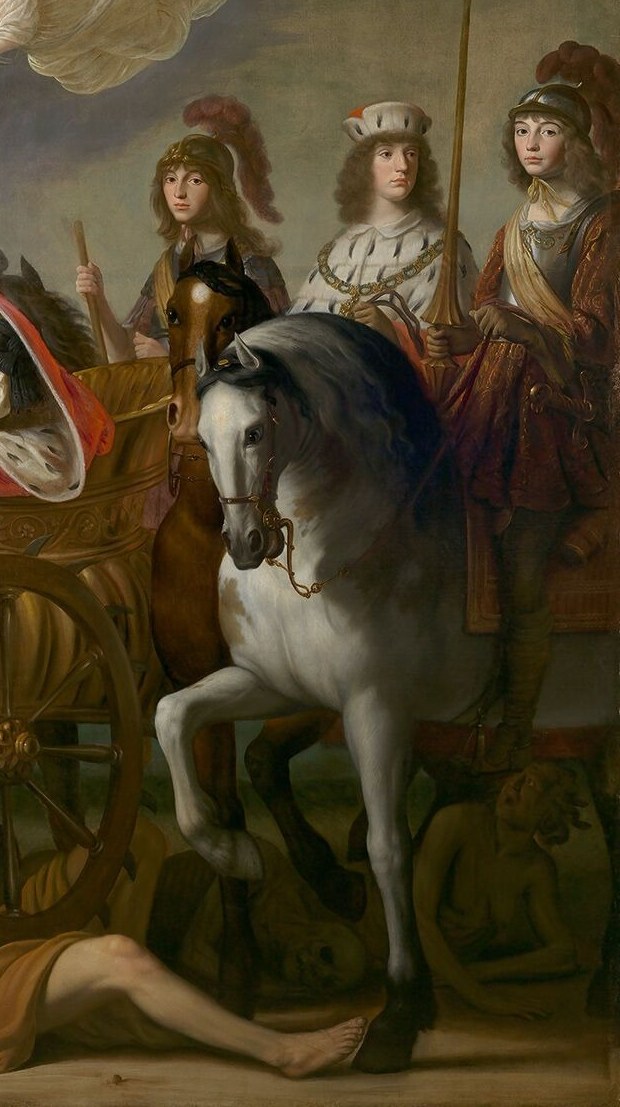 A white horse is the classical symbol of triumph and legitimate conquest , it ties this composition to Roman triumphal procession iconography and signals that this is no mere portrait but a claim to historical vindication