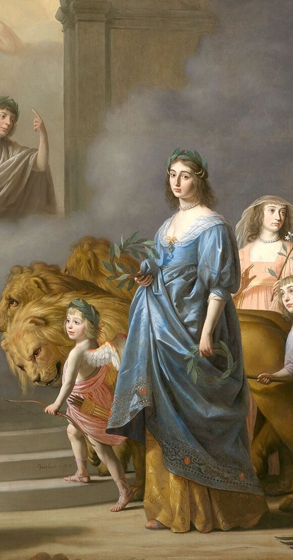 Her upright bearing, commanding height, and color (blue for fidelity and wisdom) suggest she is an allegorical personification , possibly Justice or Faith , rather than a portrait, making her the conceptual pillar of the left half