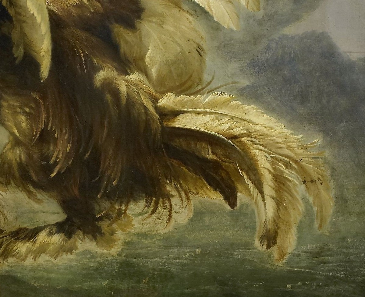 The painter used thick impasto to show ruffled feathers and raw power.