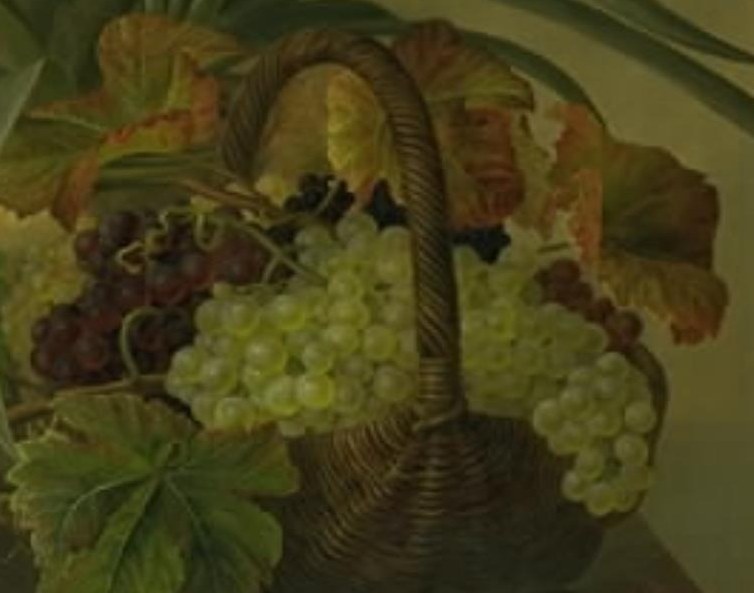 Notice the rough, woven basket, painted with surprising realism.