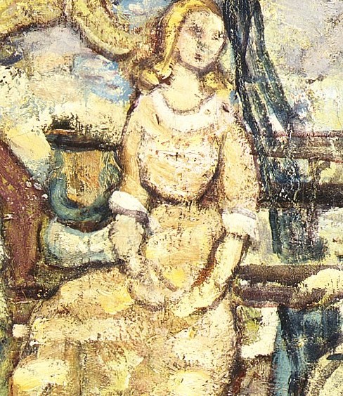 Her gaze is directed upwards, hinting at a shared experience or observation within the group.