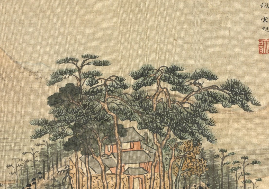 The richest tonal passage in the painting; pines signal longevity and monastic seclusion, their layered ink strokes show the artist's most energetic mark-making.