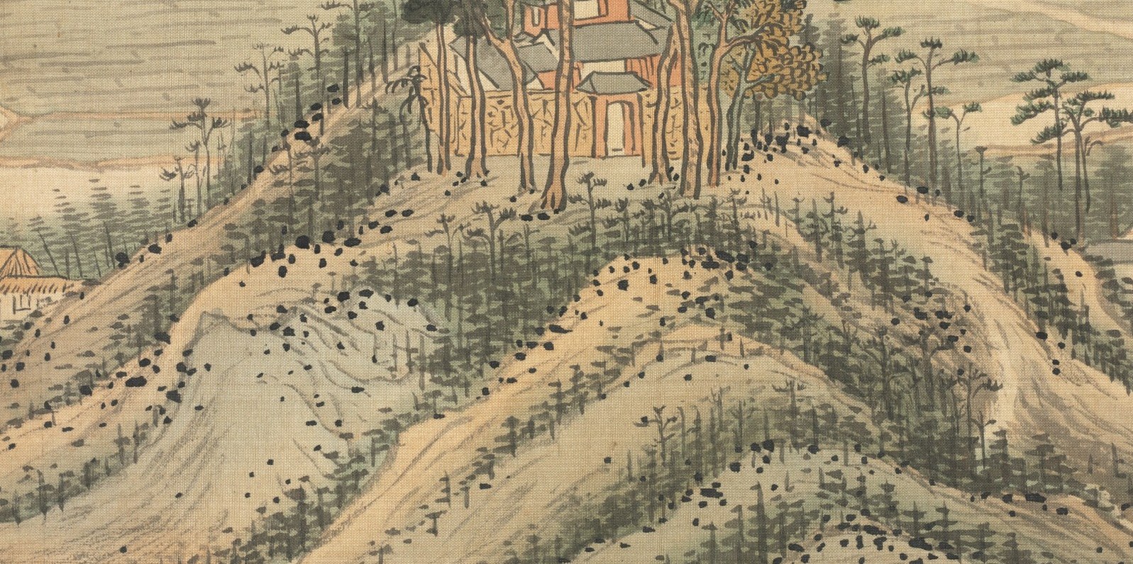 Characteristic Ming pi-ma ts'un (hemp-fiber) texture strokes give the hills plasticity; studying them reveals the systematic vocabulary of Song Xu's brush technique.