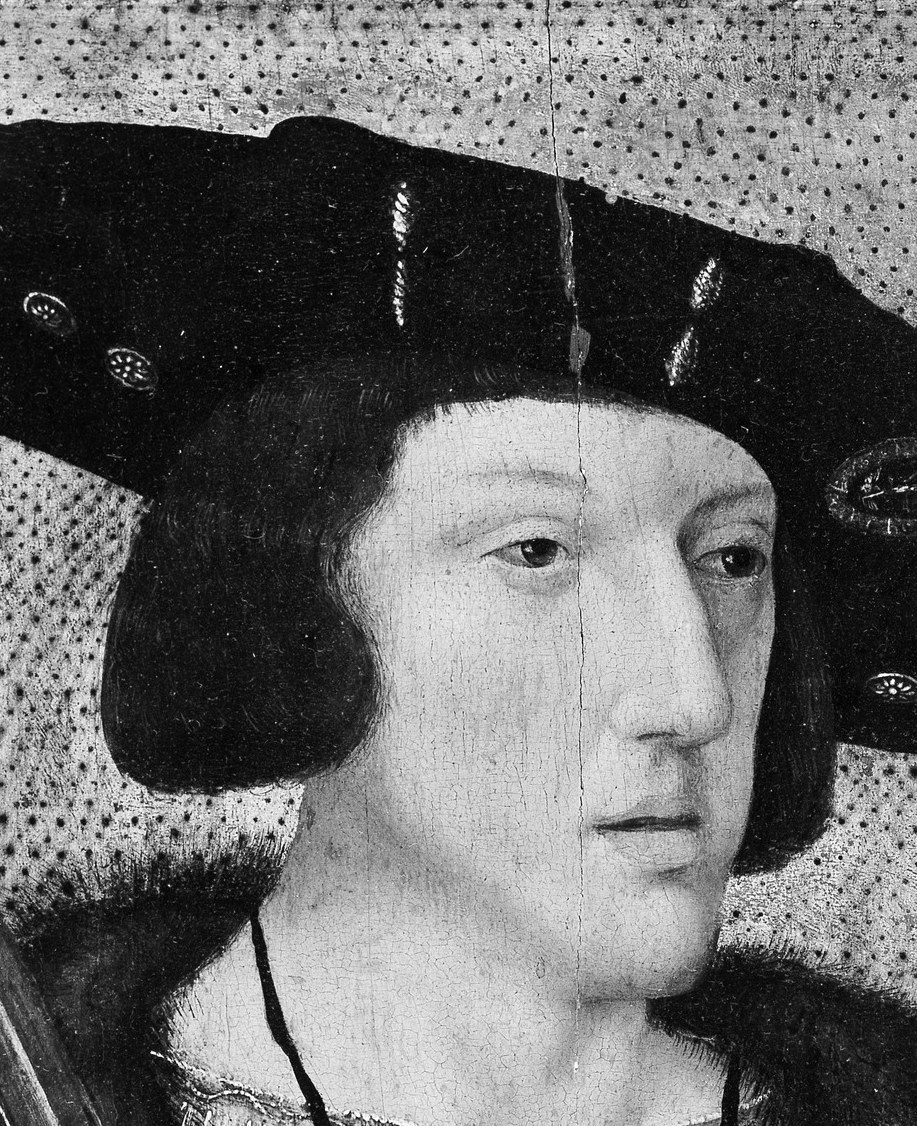 The focal anchor of the portrait , pale, youthful features project the future emperor's gravity; the slight asymmetry gives it psychological realism.