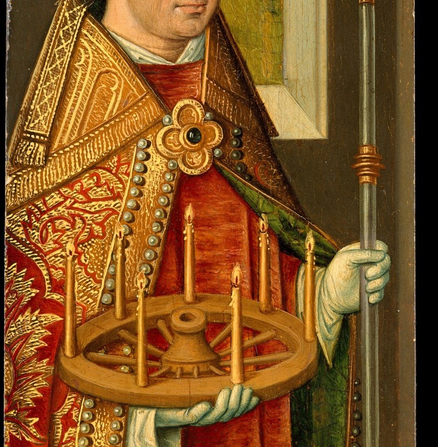 On the left, Saint Donatian, with his rare candle-wheel crozier.