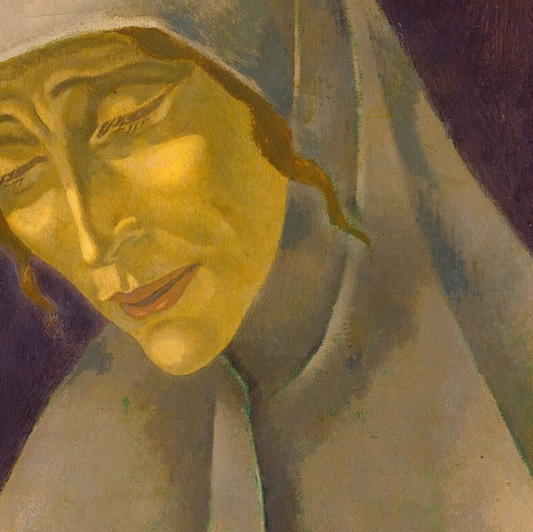 The soft light models her features, emphasizing her withdrawn state.