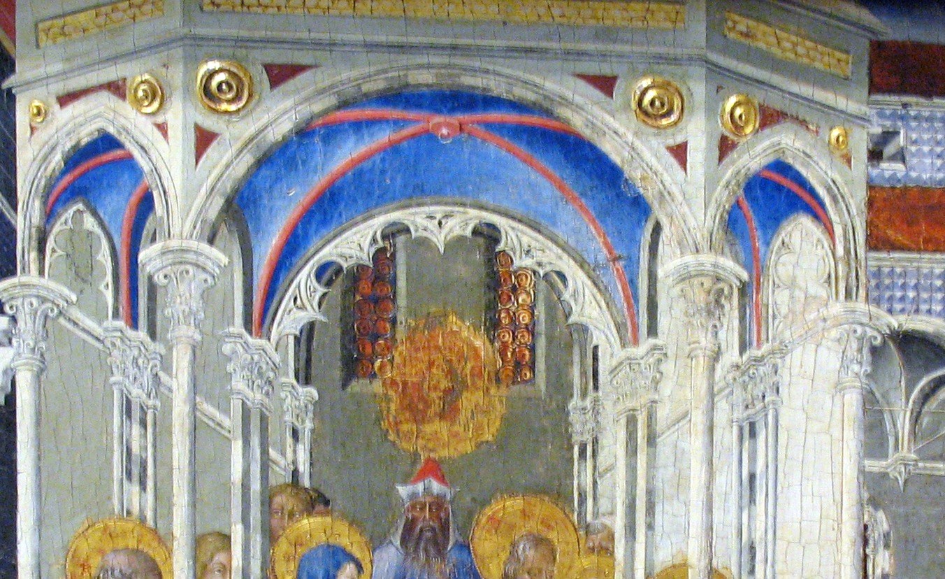 The interlocking arches in blue, red and gold create a fantasy Gothic-Romanesque hybrid that has nothing to do with Jerusalem , it is Giovanni di Paolo imagining the Temple through a Sienese cathedral lens.