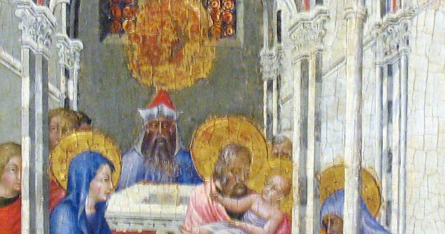 The overlapping halos create a nested golden crown effect at the compositional apex , a technique Giovanni di Paolo uses to unify the sacred persons into a single radiant form.