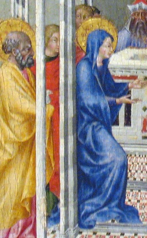 His warm ochre mantle contrasts with Mary's blue, creating a chromatic pairing that Renaissance viewers would read as conjugal unity flanking the sacred act.