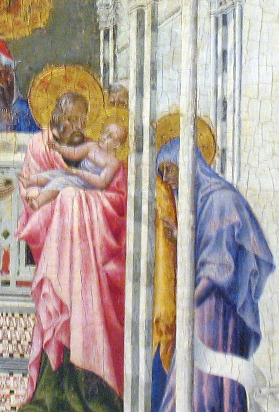 His luminous halo and aged posture embody prophetic recognition , this is the man who declared 'Now dismiss thy servant in peace,' making him the theological hinge of the scene.