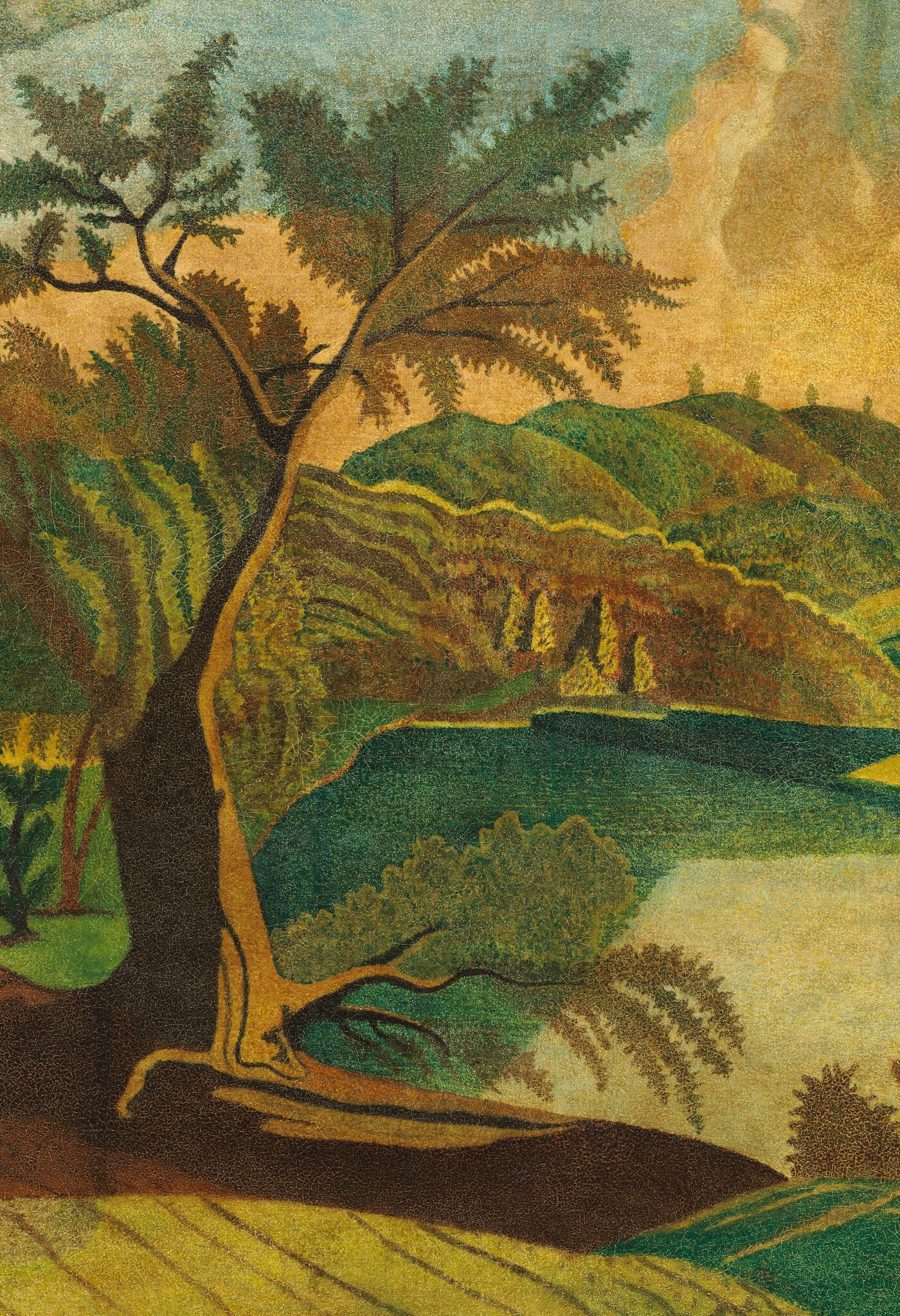 The compositional spine of the painting; the twisted, stylized trunk reads as a sculptural form rather than a botanical record.