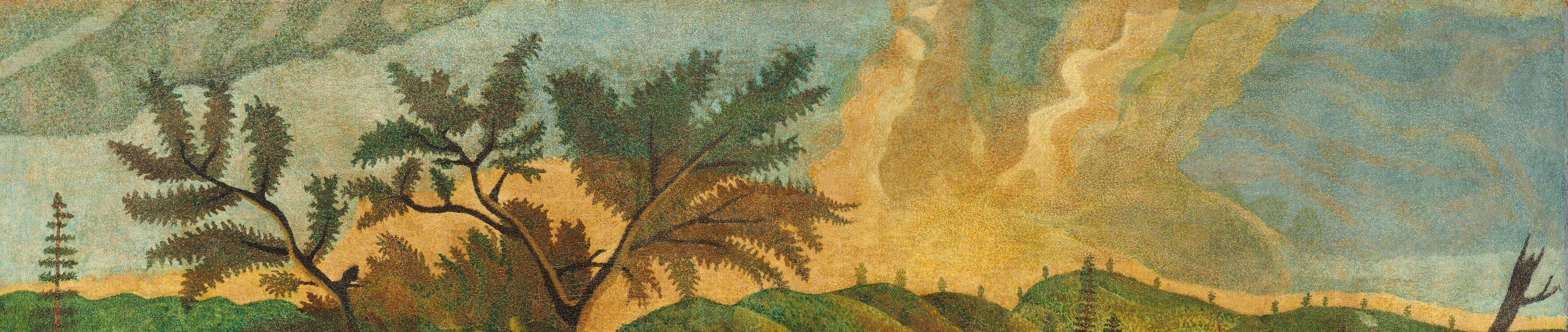 An unusual warm, almost ochre atmosphere instead of blue , the deliberate tonal choice unifies the painting and pushes it toward a timeless dreamlike register.