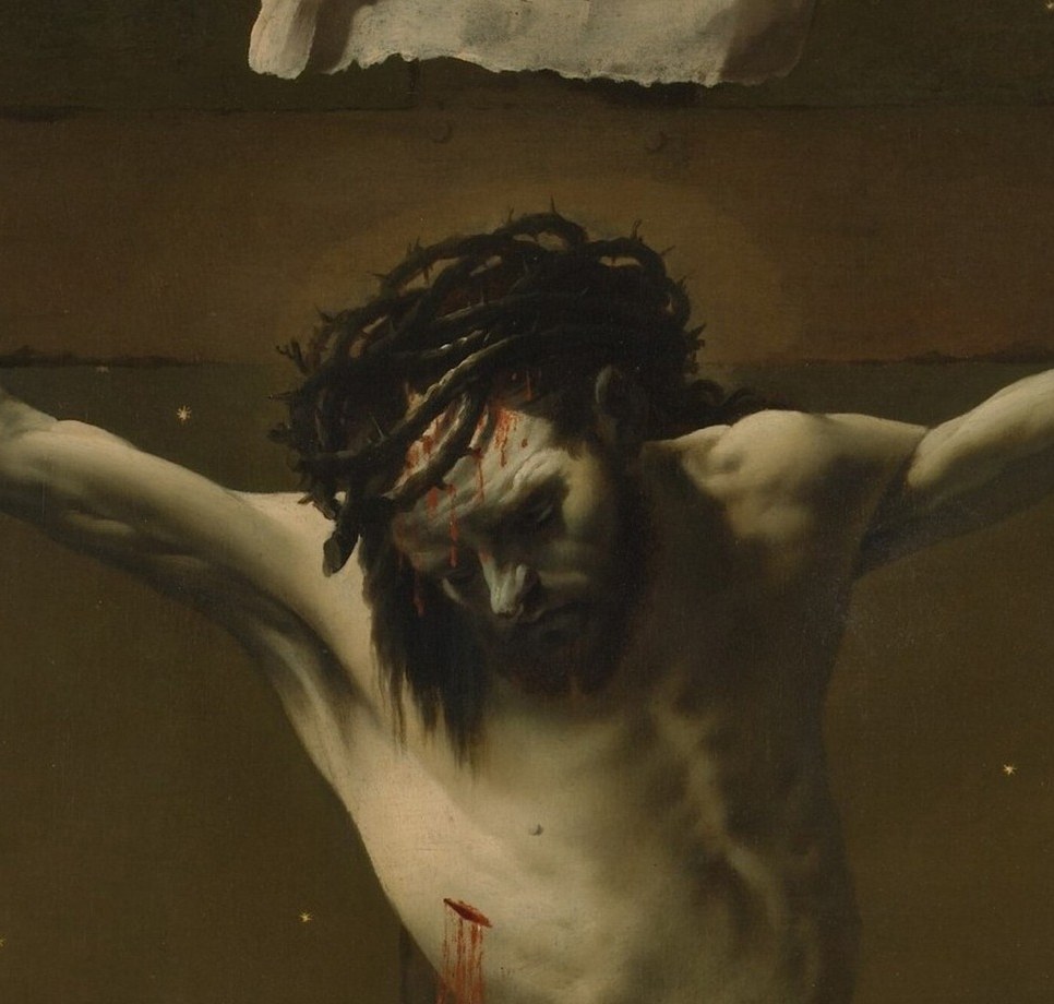 The head droops forward, eyes closed or downcast; the crown of thorns is the painting's single sharpest focus of suffering and invites extended contemplation.