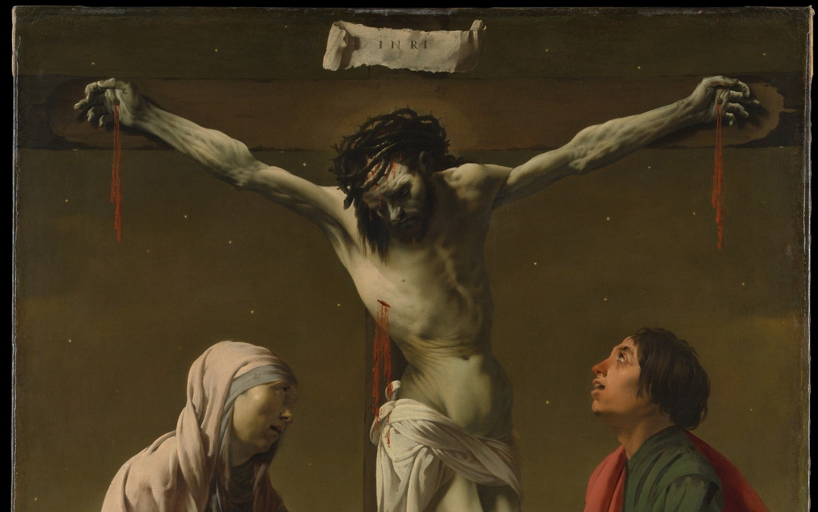 The black void behind the cross is not simply empty: it is the Caravaggist drama engine that strips away time and place, making the scene feel immediate rather than historical , a deliberate choice for a devotional work.