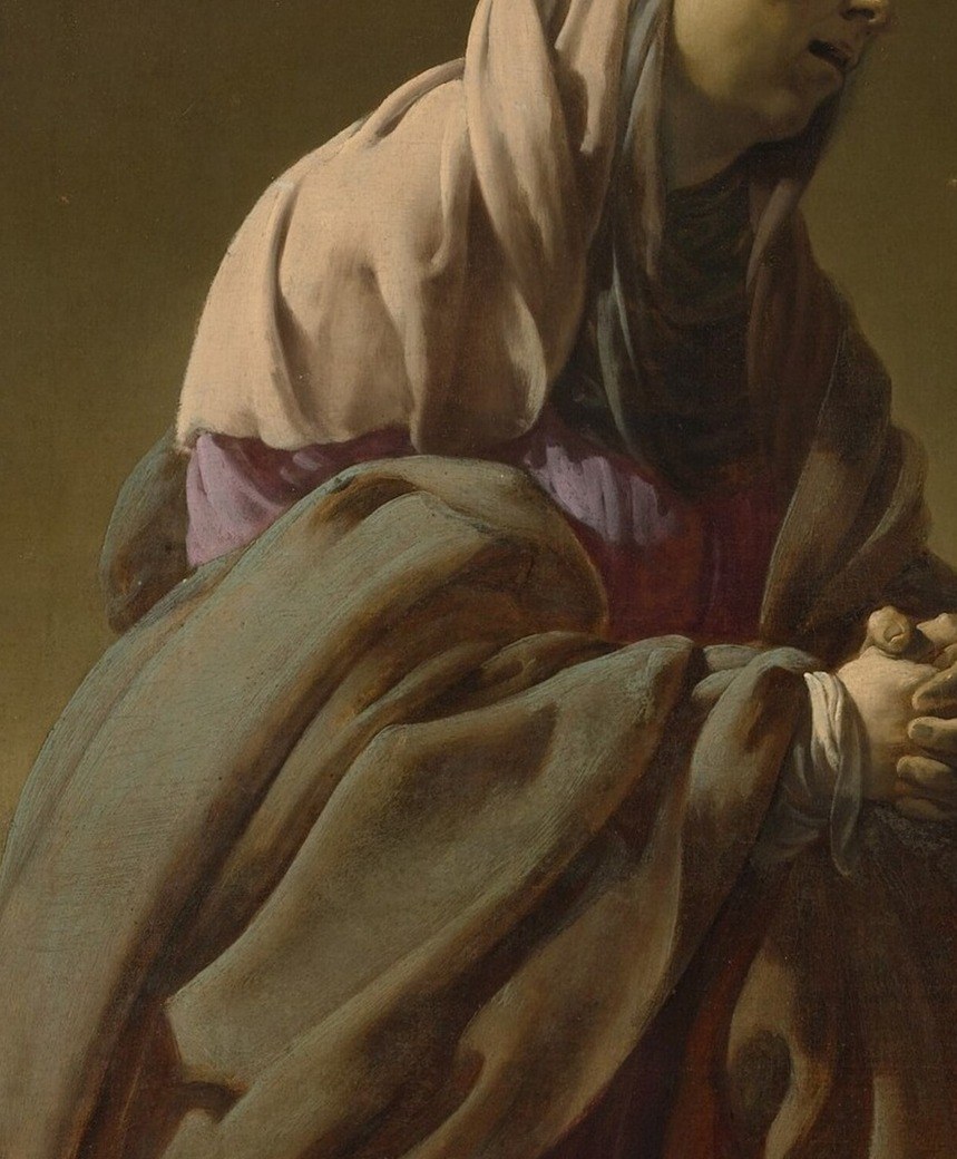Ter Brugghen renders her sorrow with Caravaggist restraint , no theatrical weeping, just a face held in a composure that is itself heartbreaking; a masterclass in emotional economy.