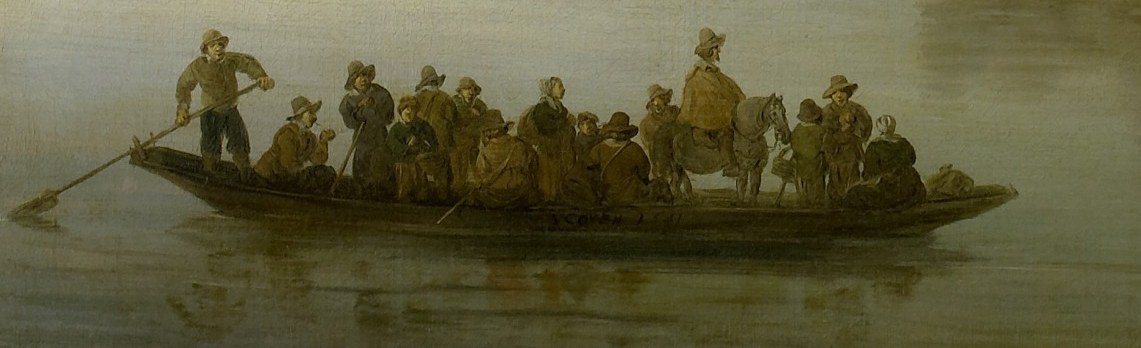 Below, a flatboat carries people and horses across the river.