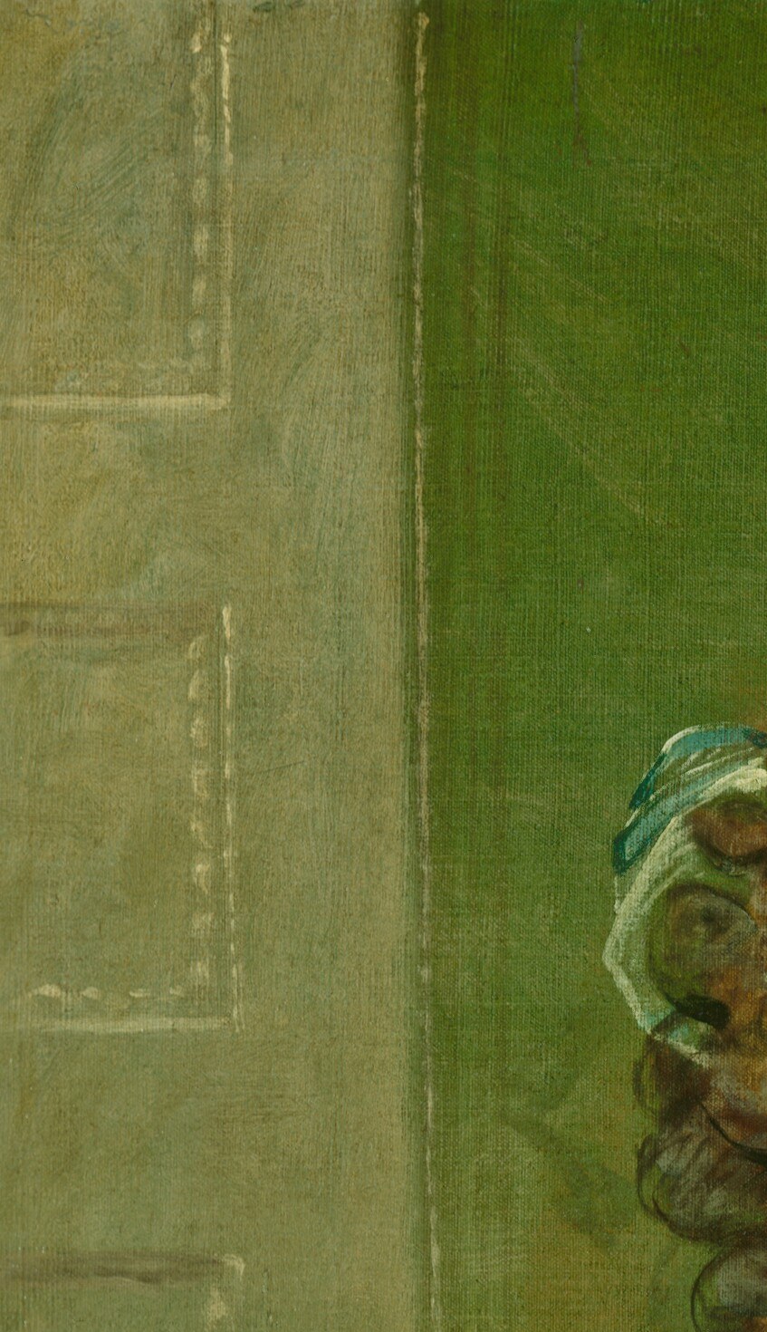 Stuart famously left backgrounds unfinished or atmospherically thin; this corner shows that practice directly , the canvas ground is nearly bare
