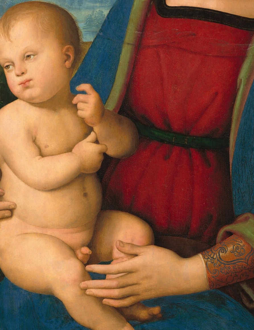 the naked infant signifies the Incarnation , divine made vulnerable flesh; the pose is relaxed and naturalistic for c.1500