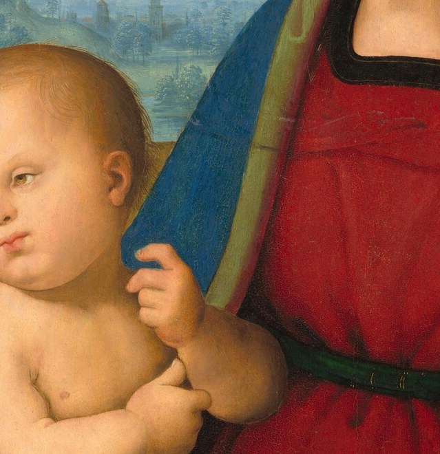 the infant's gaze engages the viewer directly while the Madonna looks inward , a deliberate spiritual address outward