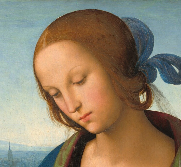 Perugino's signature serene expression , eyes cast down in quiet contemplation, a devotional ideal that influenced Raphael directly