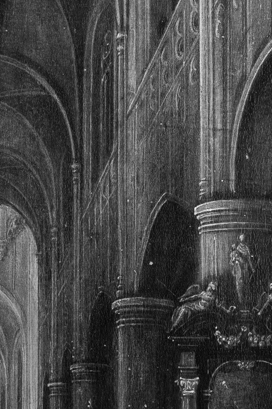 And at the vanishing point: one warm, distant altar glow.
