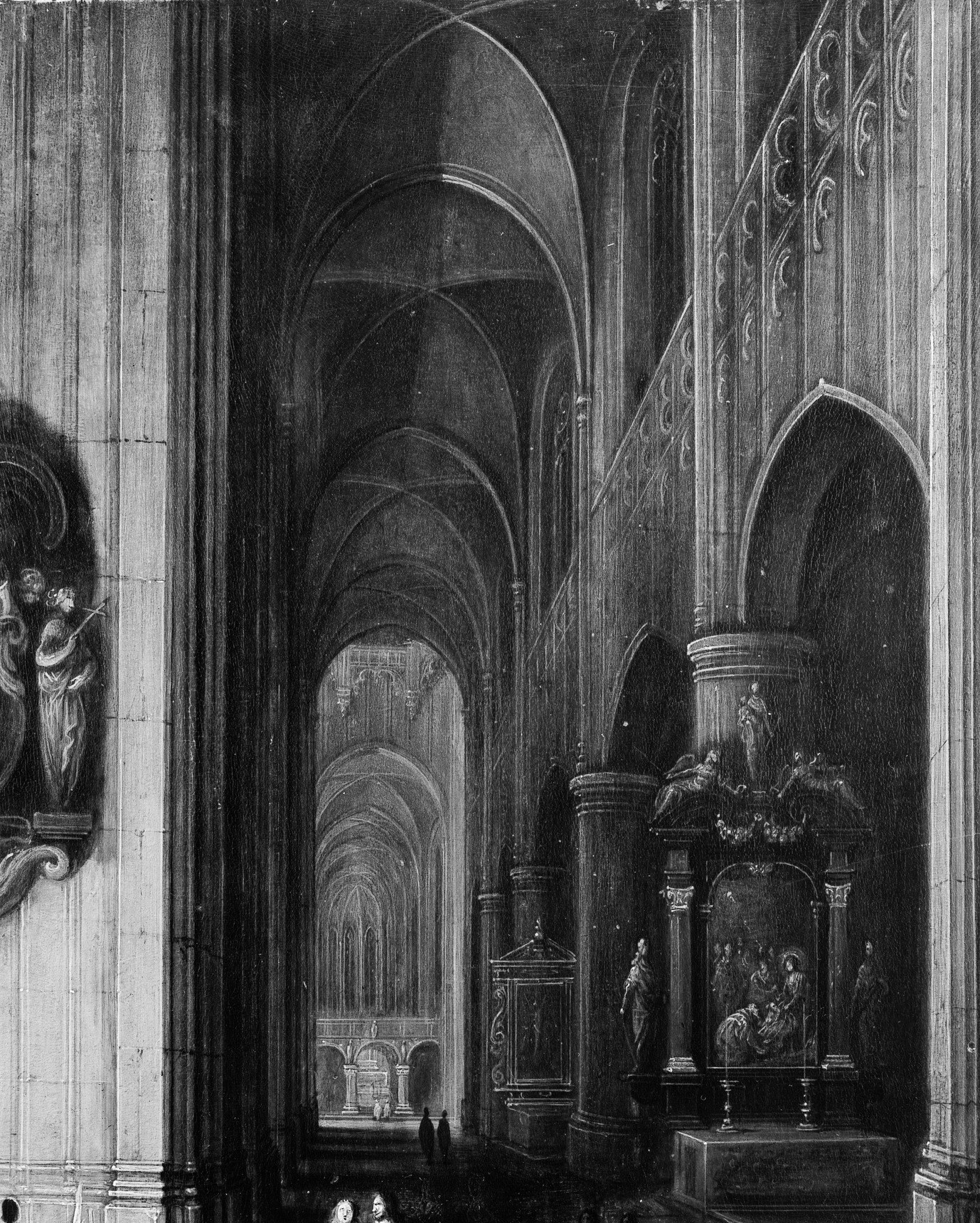 Neefs' signature virtuoso perspective recession: the columns diminish with mathematical precision, demonstrating mastery of architectural illusionism decades before photography.
