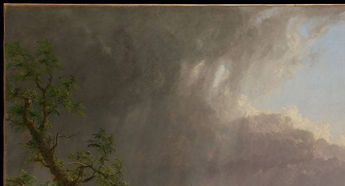 The black-green roiling mass defines the wilderness side of Cole's civilization-vs-nature argument; the sheer volume of churning paint rewards slow scrutiny