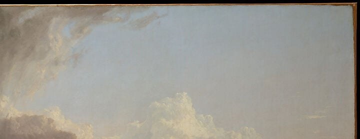 The luminous amber glow flooding the right half reads as divine endorsement of settlement, the light literally blesses the cultivated fields below