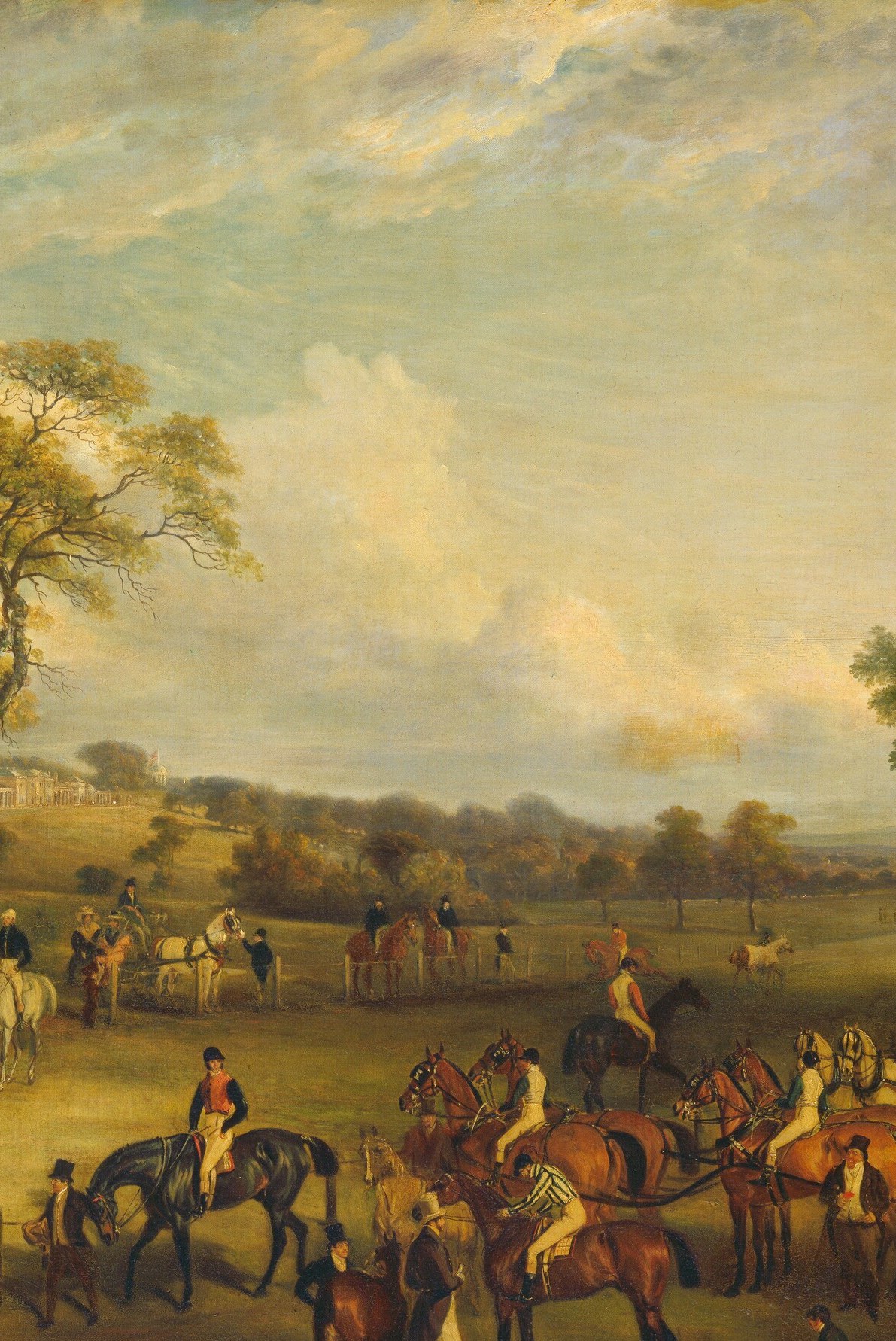 Dominant compositional anchor; its sweeping canopy frames the entire scene and contrasts with the busy crowd below, grounding the chaos in English parkland calm