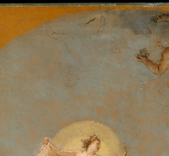 The painting's divine protagonist, bathed in golden warm light that radiates outward , her posture and glow anchor the entire celestial narrative of dawn breaking.