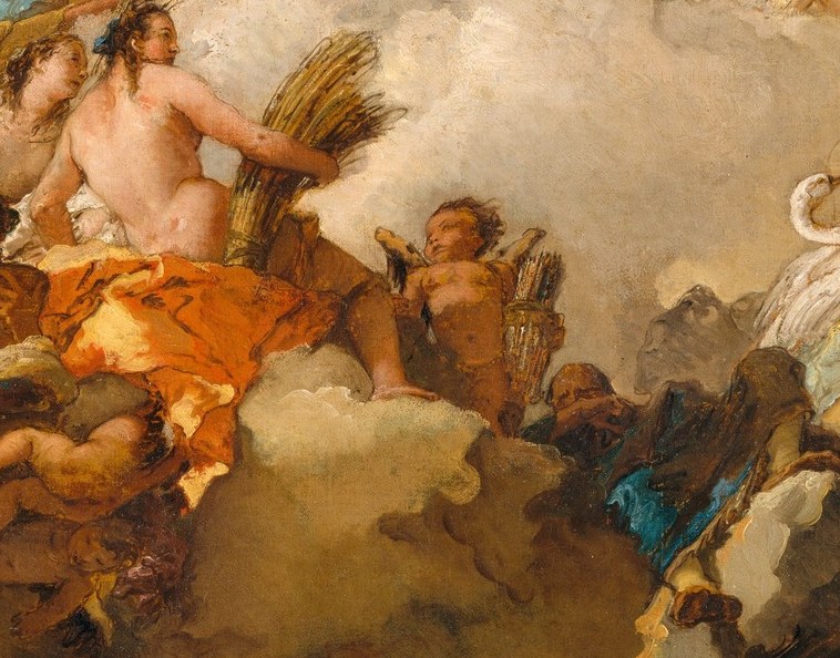 The symbolic counterpart to the white horse above , Night's dark horse plunges downward as dawn ascends, a Tiepolo compositional trick of moral opposition across a vertical axis.