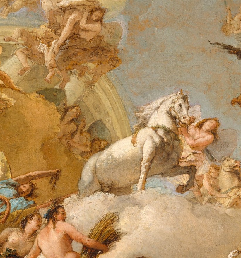 The compositional fulcrum of the work; Tiepolo's white horse commands nearly a third of the canvas and its foreshortened belly demonstrates his mastery of di sotto in sù illusionism.