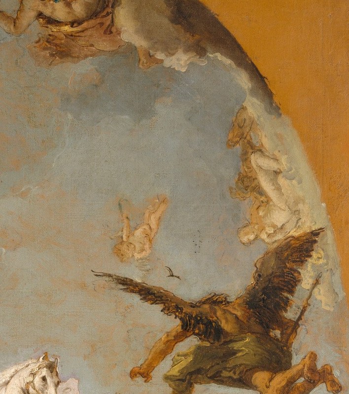A second celestial horse, darker and more turbulent than the white lead horse, creates dramatic contrast and suggests the untamed energy of the dawn transition.