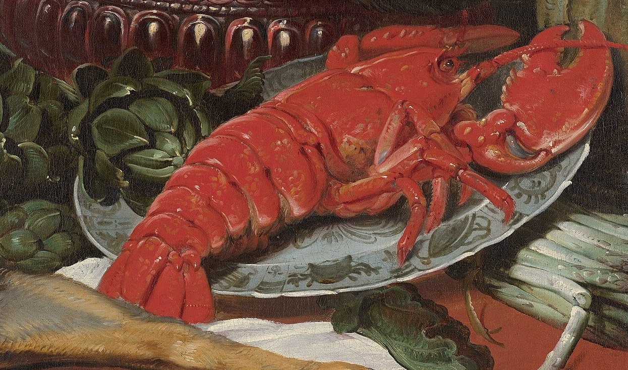 The vibrant lobster and overflowing fruit, earthly abundance.