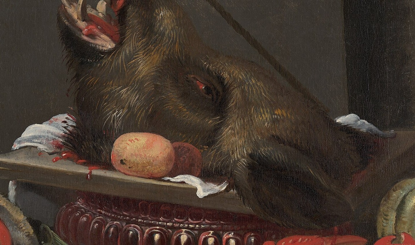 The dead stag, and boar head, symbolize the spoils of the hunt.