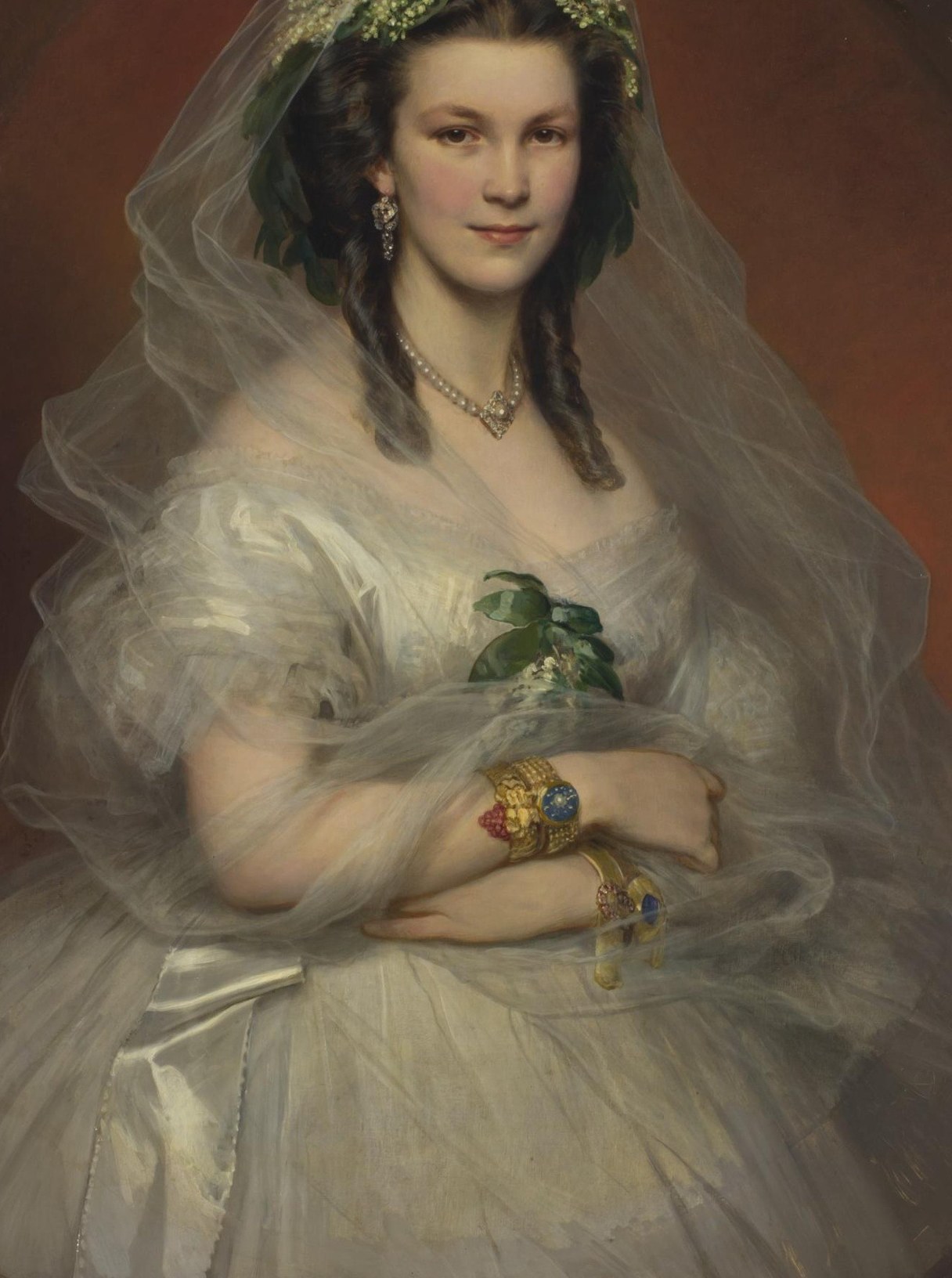 The delicate, translucent fabric creates a soft, ethereal aura around the figure, emphasizing her bridal status.