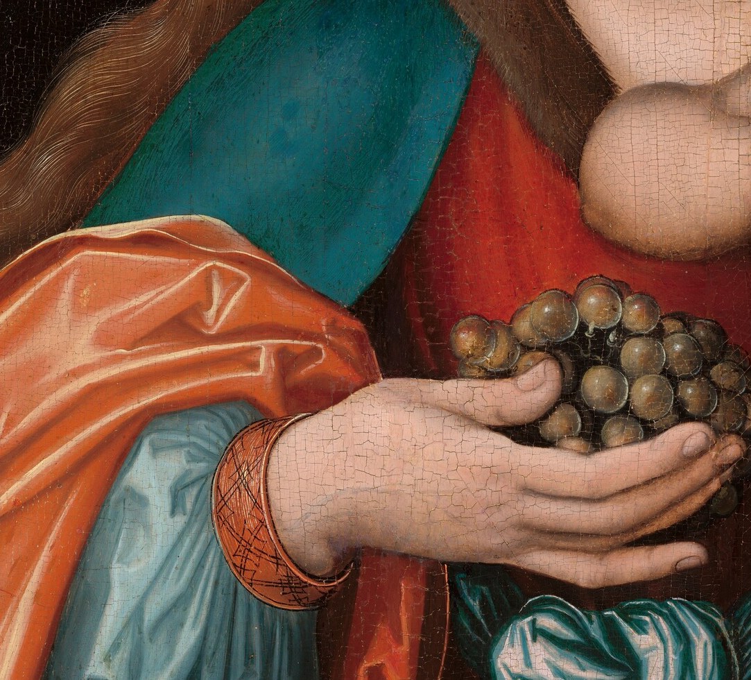 Eucharistic symbol front-and-center: grapes = wine = blood of Christ. Cranach places the key doctrinal object directly in the viewer's line of sight.