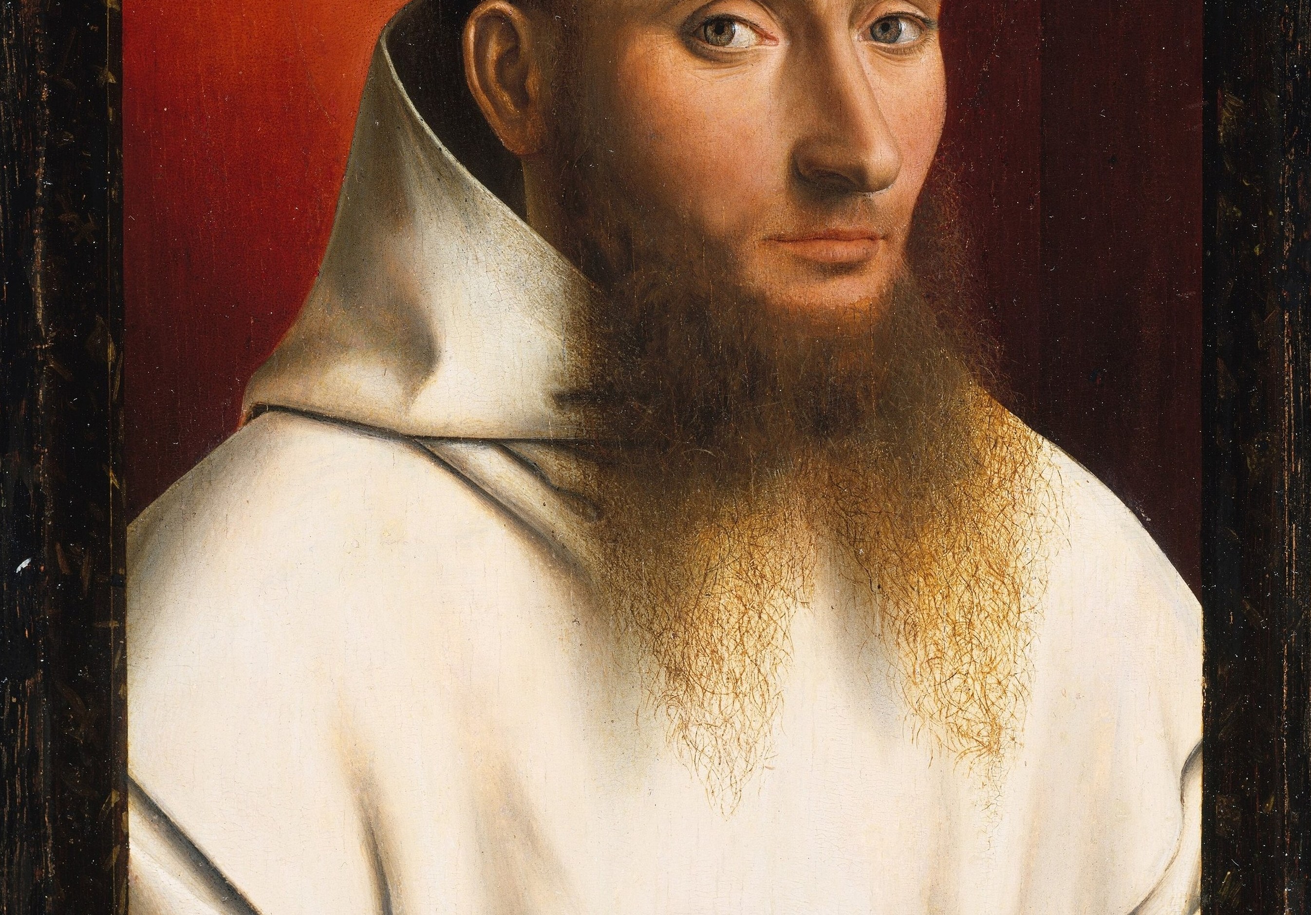 The massive white expanse is both an emblem of the order and a vehicle for Christus's textile illusionism , fabric folds rendered with near-tactile weight.