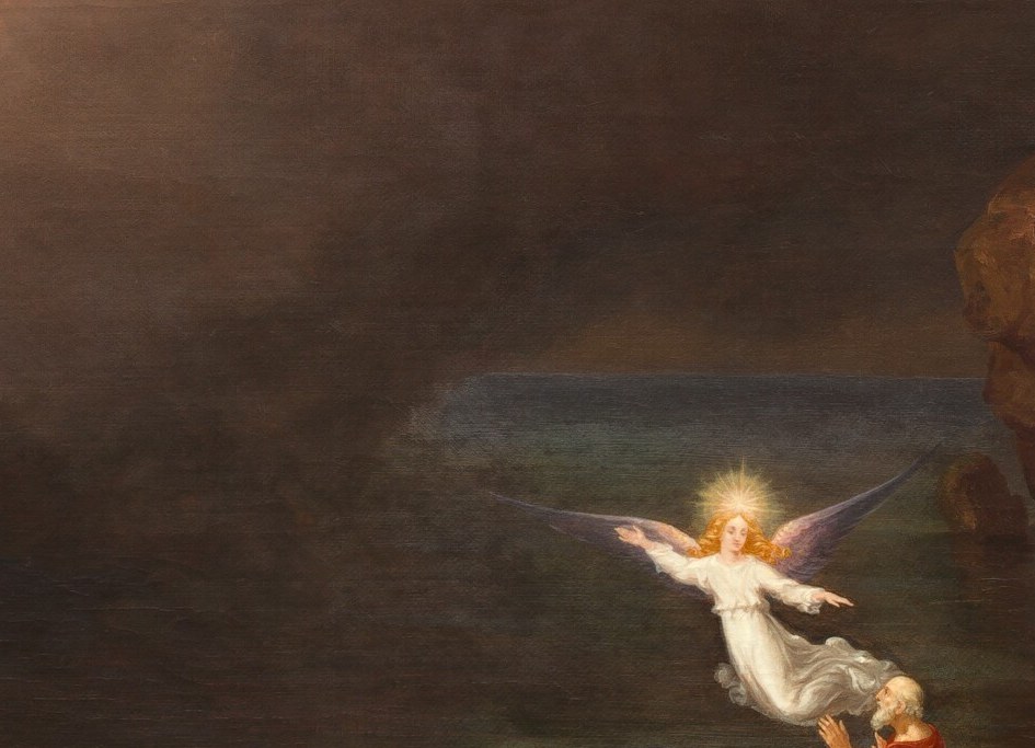 An angel appears, reaching through the storm.